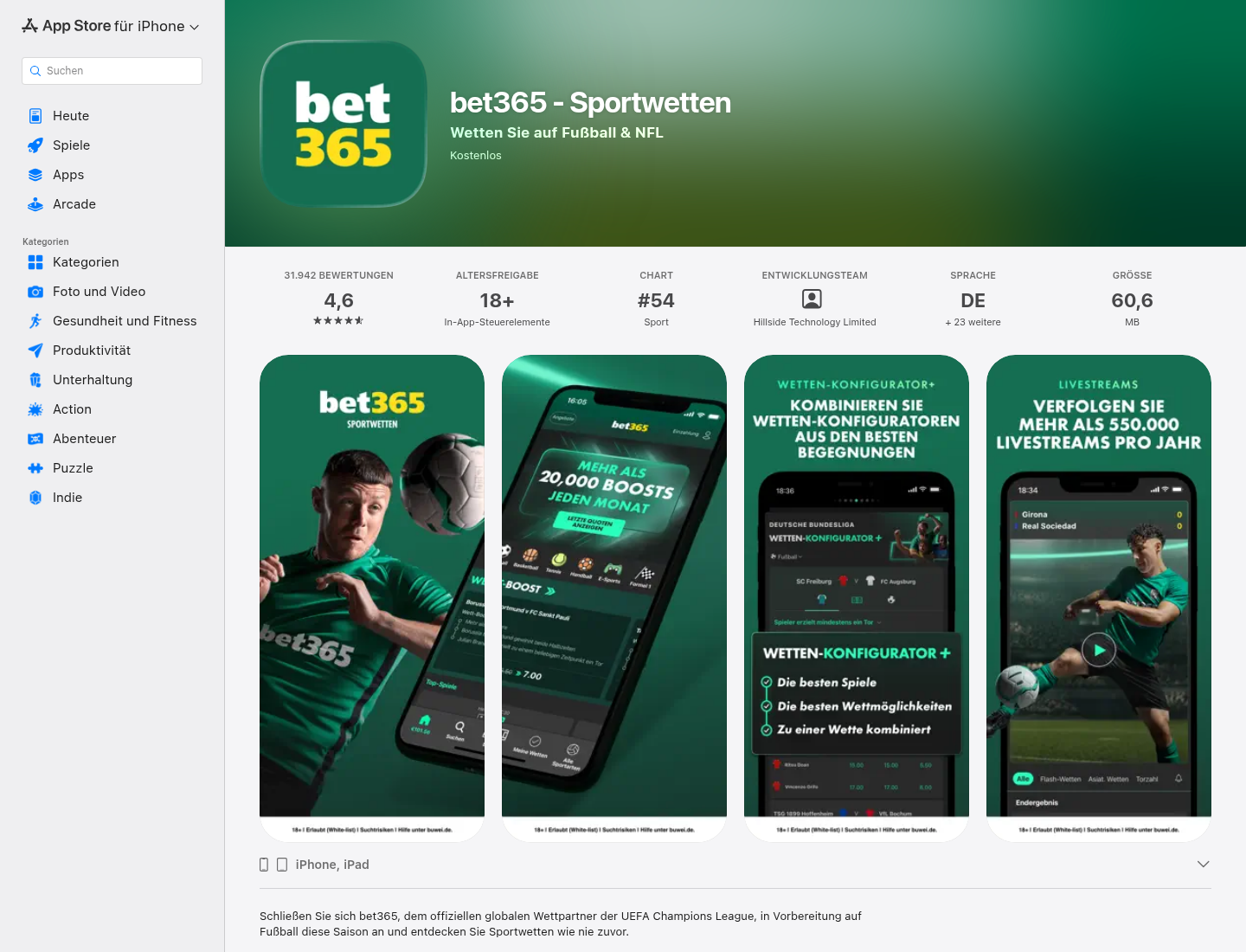 App-Store-Eintrag von bet365