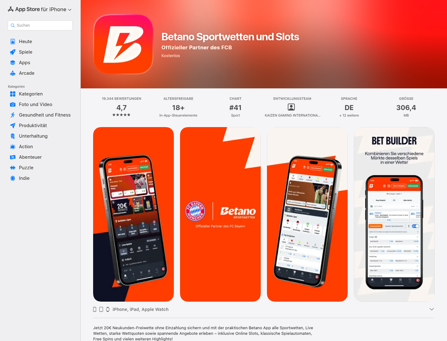 App-Store-Eintrag von Betano