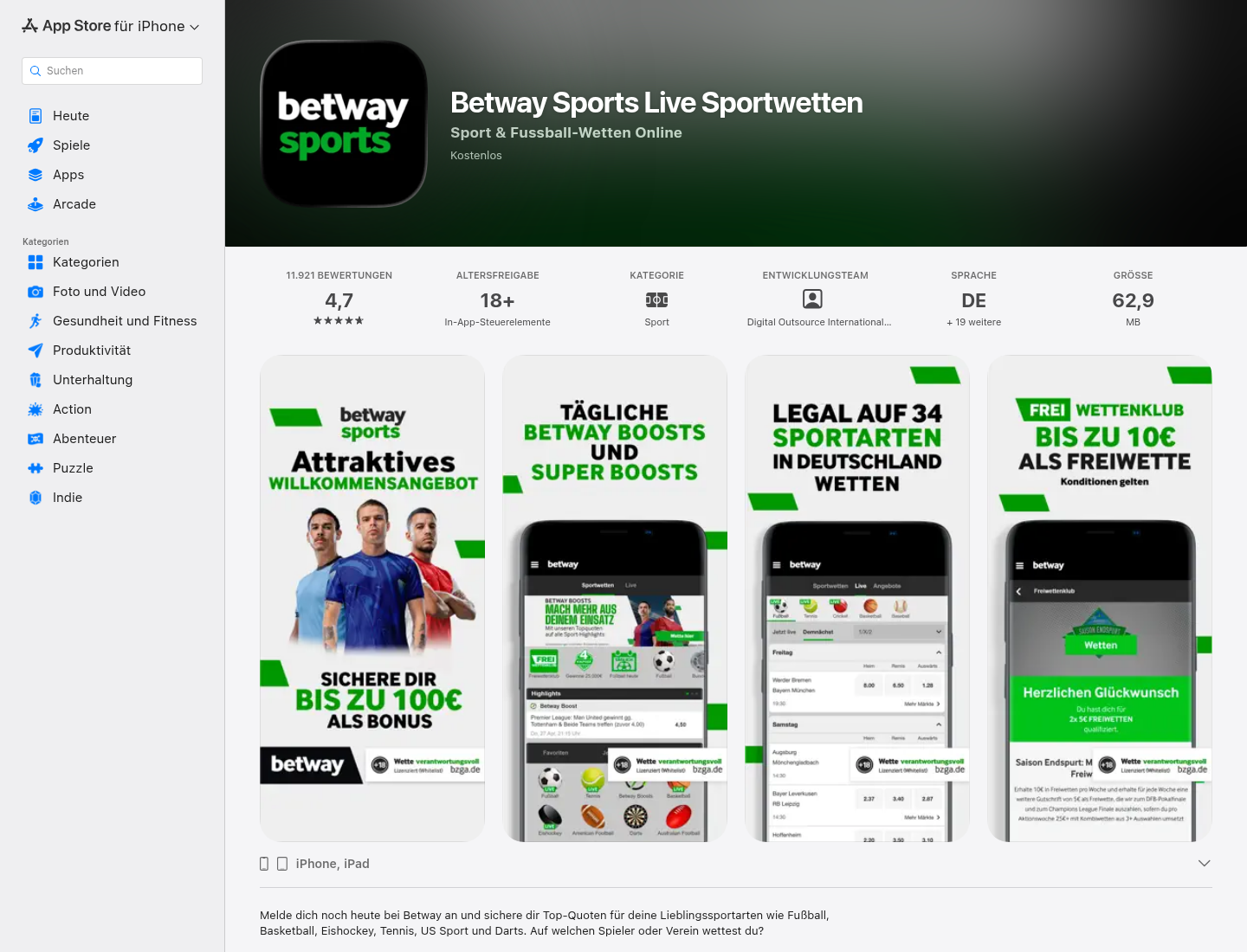 App-Store-Eintrag von Betway