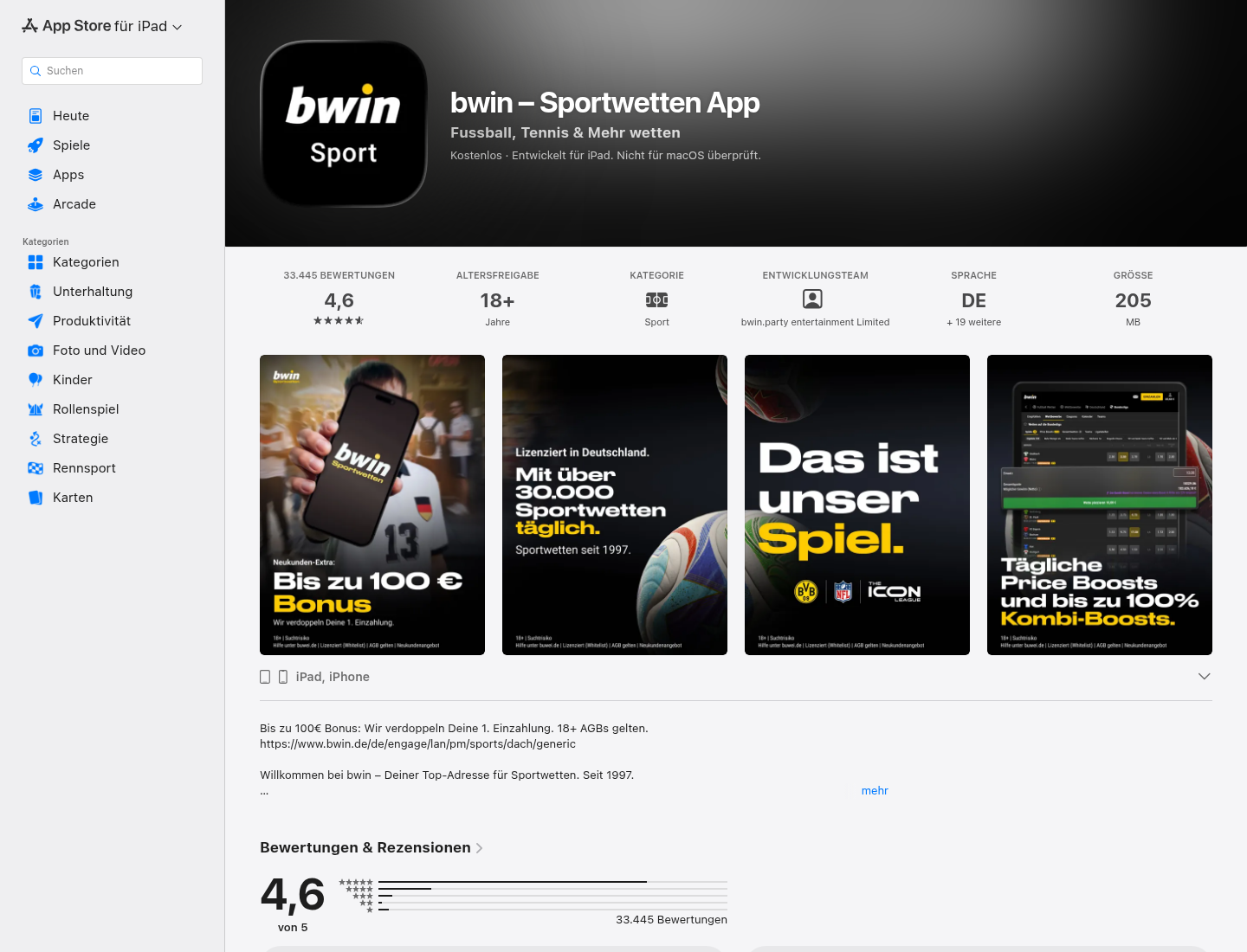 App-Store-Eintrag von bwin